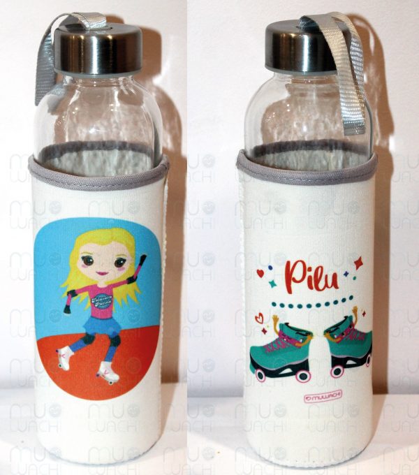 Botella de Cristal con Funda de neopreno personalizada - Modelo Patinaje 500ml