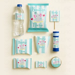 kit de papelería mesa dulce bautizo personalizado elefante
