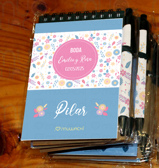 Libreta para boda personalizada con bolígrafo Flores
